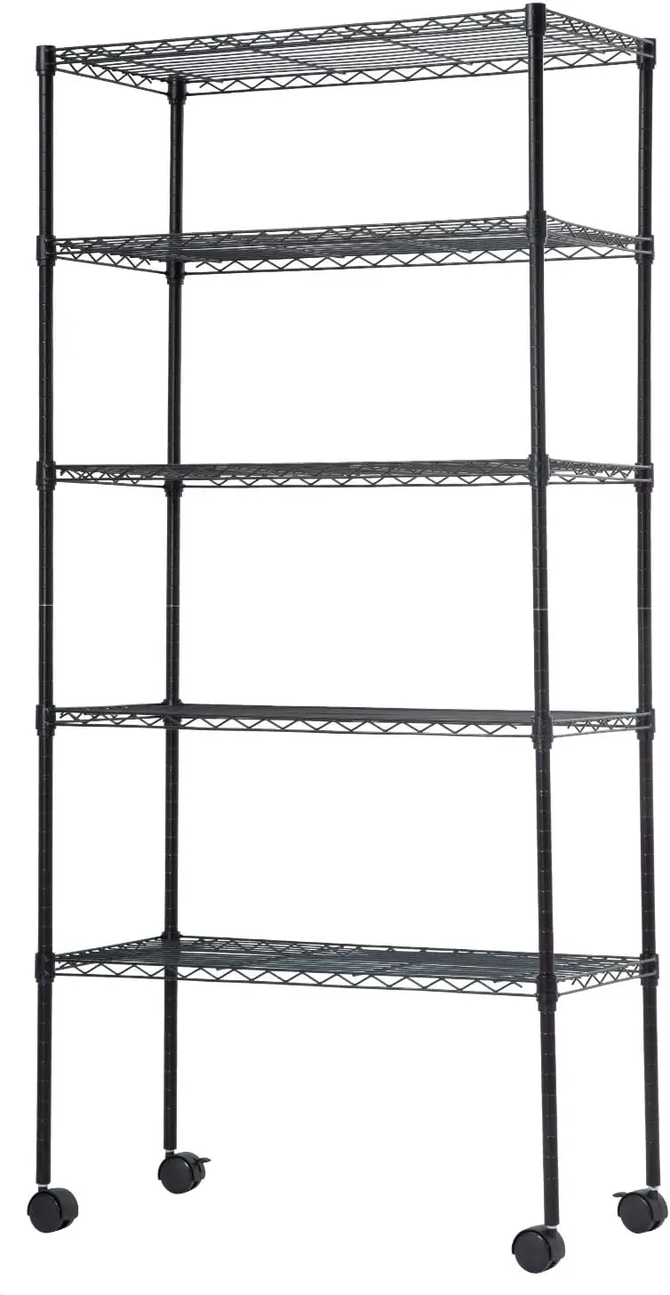 Heavy Equipment Glass - 5段ワイヤー収納棚（キャスター付き）14x30x60 ブラック 調節可能なラック 重量物用メタルシェルフ 最大220ポンドまで耐荷重 工具不要