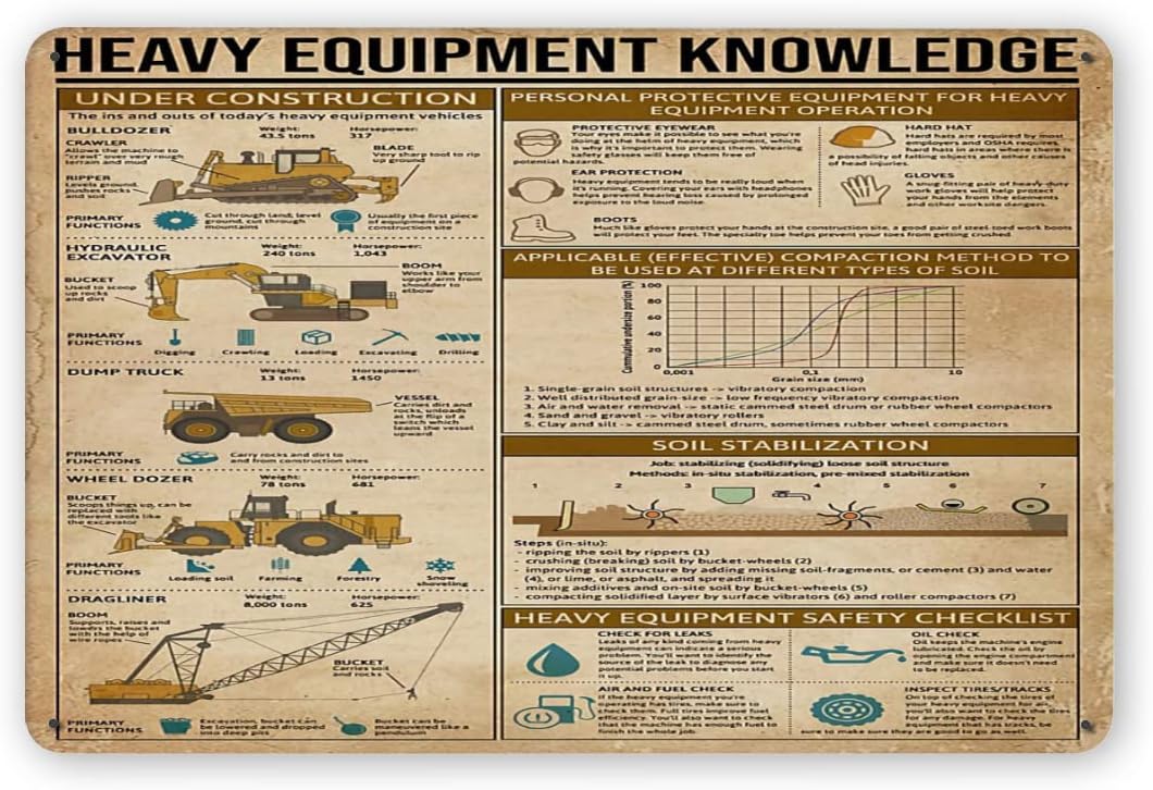 重機知識メタルサイン インフォグラフィック 建設作業員向け  - Heavy Equipment Sign のレビューと価格